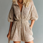 ElevenOra Chic Casual Light Camel Zipper-Up Lapel Collar Short-Sleeve Tailored Waist Loose Fit Knit Romper