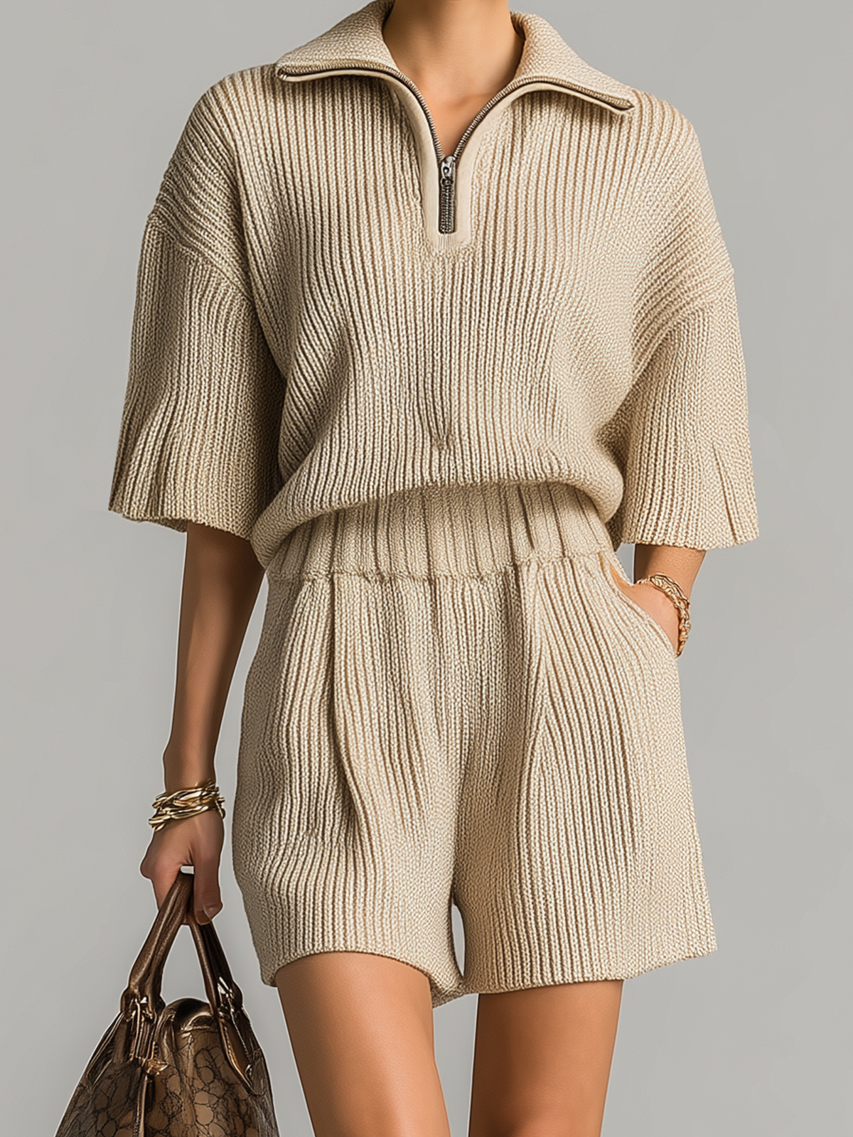 ElevenOra Stylish Casual Beige Lapel Half-Zip Short-Sleeved Loose Polo Sweater Shorts Knitted Two-Piece Set