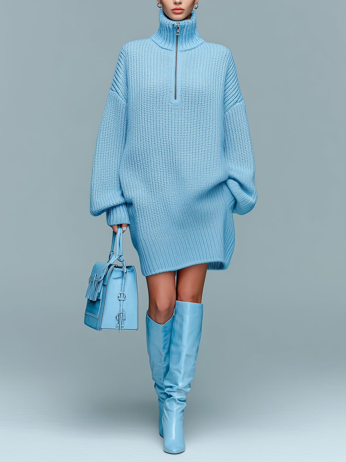 ElevenOra Chic Vintage Blue Zipper Turtleneck Oversized Long Sleeve Knit Midi Dress