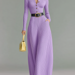 ElevenOra Chic Elegant Purple Polo Neck Tailored Waist Belted Long-Sleeved Knit Maxi Dress
