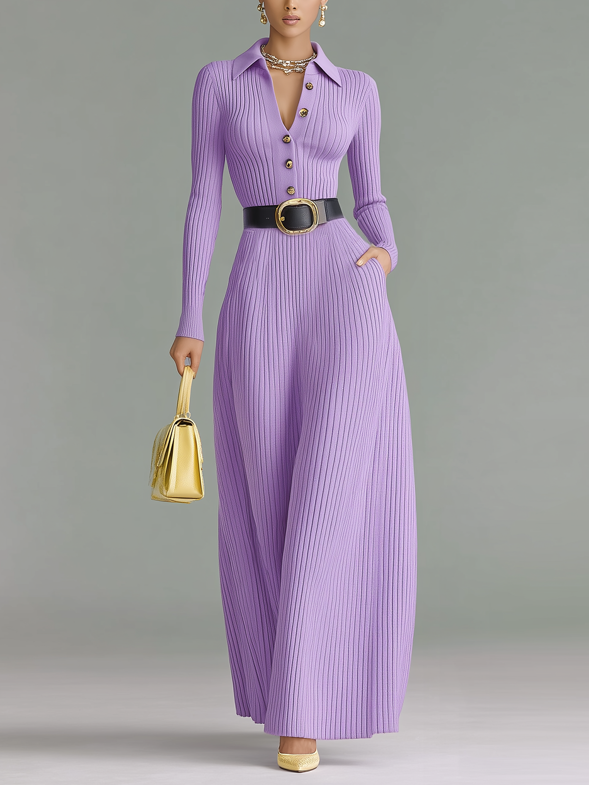 ElevenOra Chic Elegant Purple Polo Neck Tailored Waist Belted Long-Sleeved Knit Maxi Dress