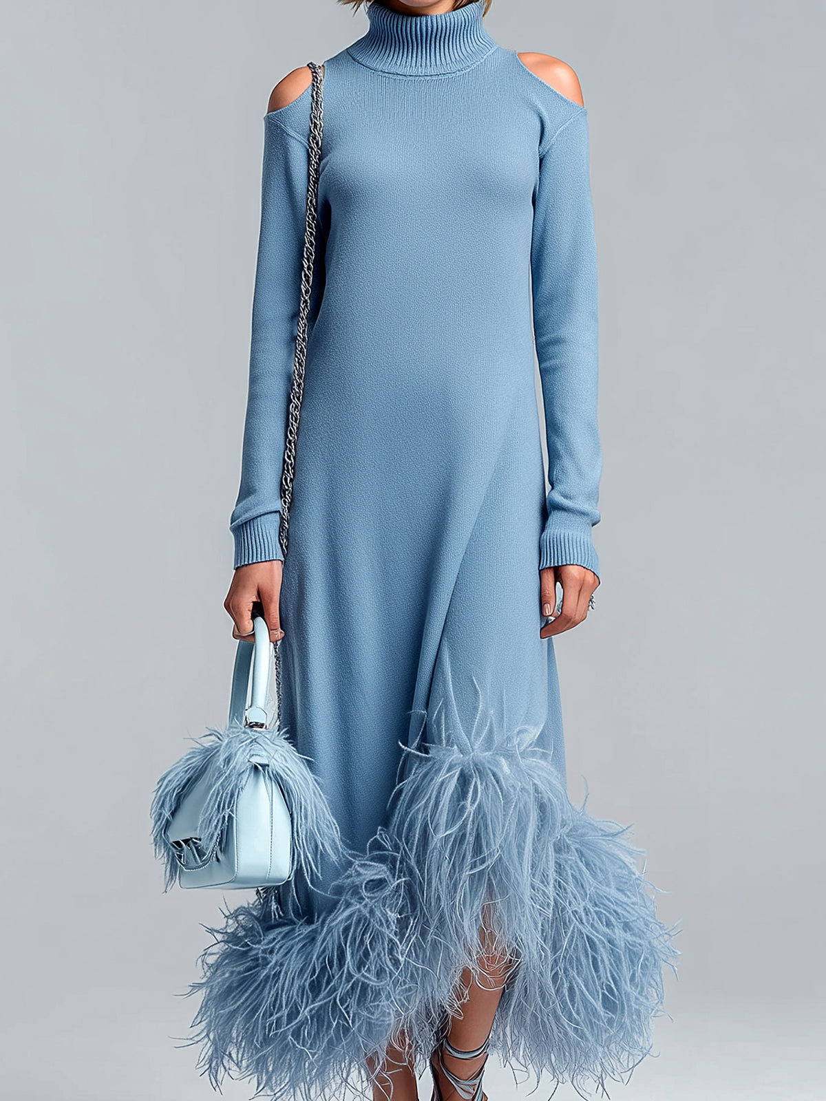 ElevenOra Chic Elegant Blue Turtleneck Long Sleeve Cutout And Feather Trim Detail Knit Maxi Dress