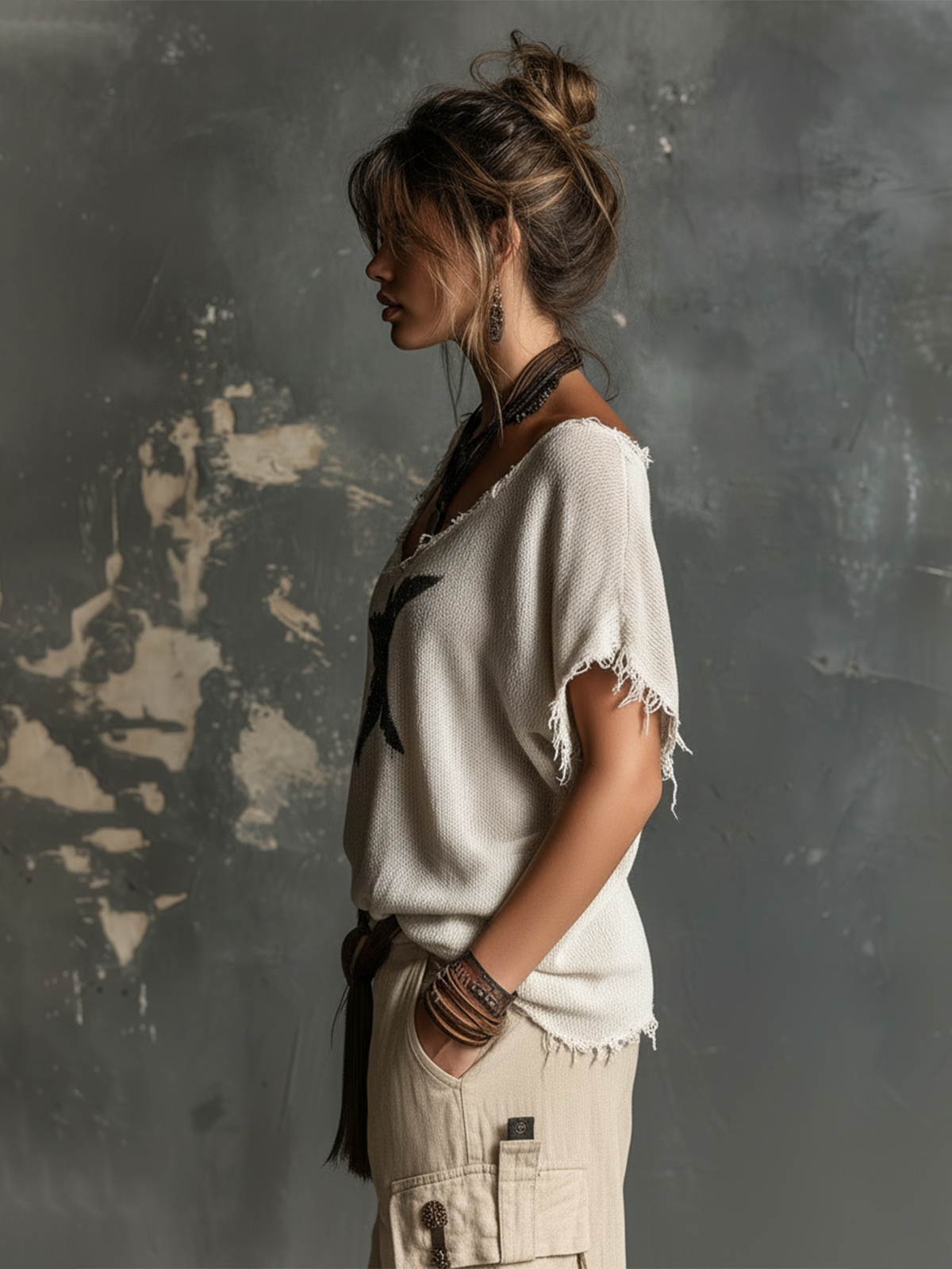 ElevenOra Chic Casual White V-Neck Star Jacquard Raw Edge Dolman Sleeves Loose-Fit Knit SweaterTop