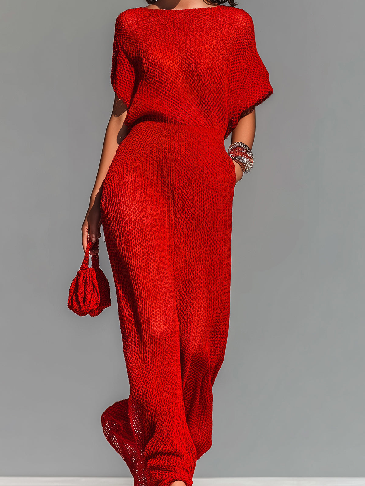 ElevenOra Chic Elegant Red Boat Neck Short-Sleeve Loose-Fit Breathable Knit Maxi Dress