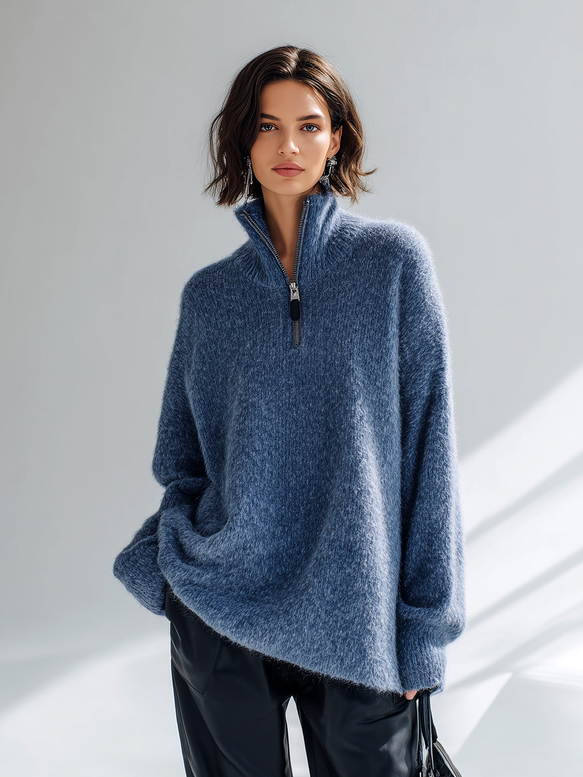 ElevenOra Chic Elegant Dark Blue Zip-Up Stand Collar Long Sleeve Oversized Fuzzy Knit Sweater