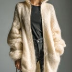 ElevenOra Chic Casual Cream White Stand Collar Zip-Up Fuzzy Lantern Sleeve Slouchy Knit Cardigan