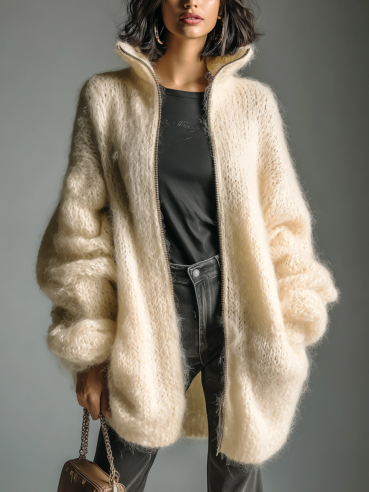 ElevenOra Chic Casual Cream White Stand Collar Zip-Up Fuzzy Lantern Sleeve Slouchy Knit Cardigan