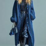 ElevenOra Casual Chic Navy Blue Single-breasted Oversized Longline Fuzzy Knit Cardigan