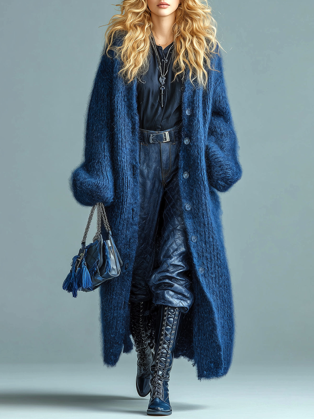 ElevenOra Casual Chic Navy Blue Single-breasted Oversized Longline Fuzzy Knit Cardigan