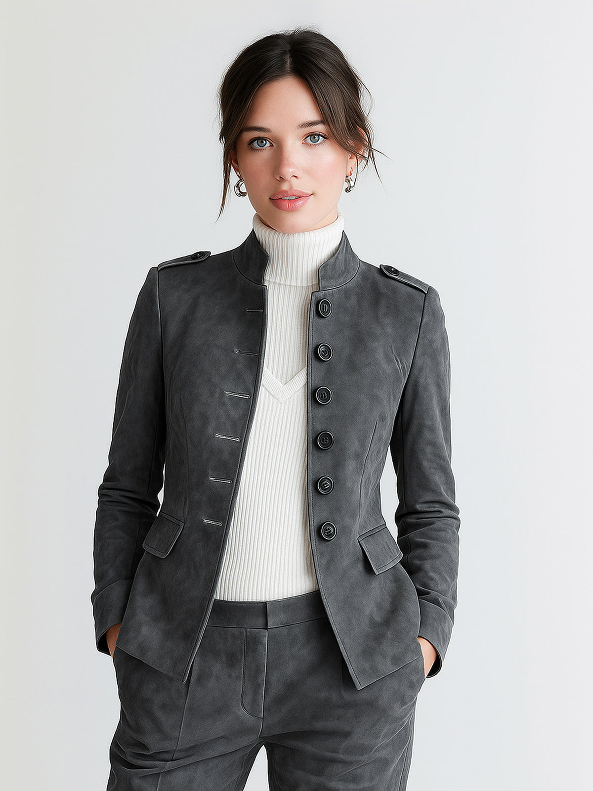 ElevenOra Sophisticated Office Faux Suede Stand Collar Button-Front Epaulet Slim-Fit Blazer