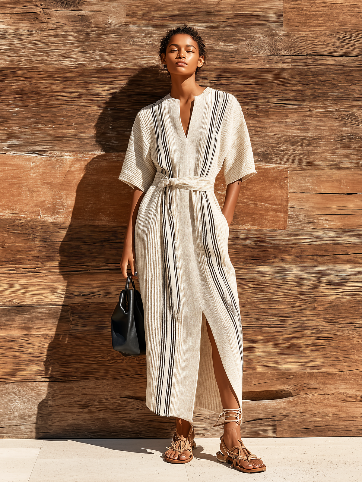 ElevenOra Stylish Elegant White-Black Striped Stand-Up Collar V-Neck Short-Sleeve Loose Fit Waist Tie Front Slit Ribbed Knit Maxi Dress
