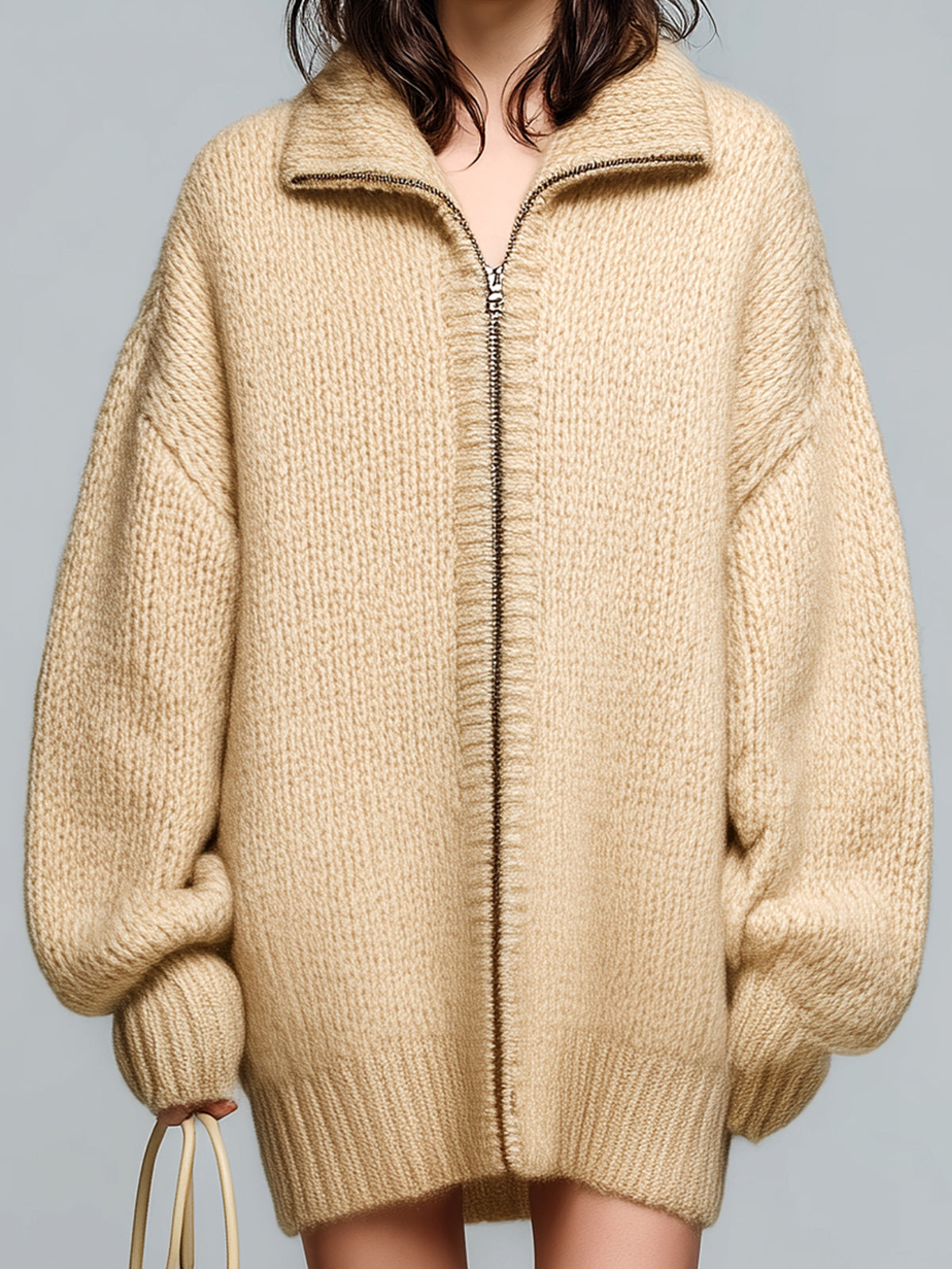 ElevenOra Chic Casual Beige Lapel Zip-Up Lantern Sleeve Slouchy Knit Cardigan