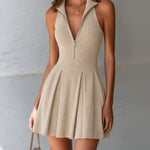 ElevenOra Chic Elegant Camel Zipper-Front Lapel Collar Sleeveless Tailored Waist Pleated A-Line Ribbed Knit Mini Dress