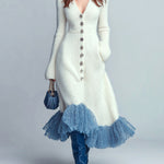 ElevenOra Chic Elegant Cream White V-Neck Button-Front Long Sleeve Slim Fit Contrast Mesh Hem Knit Maxi Dress