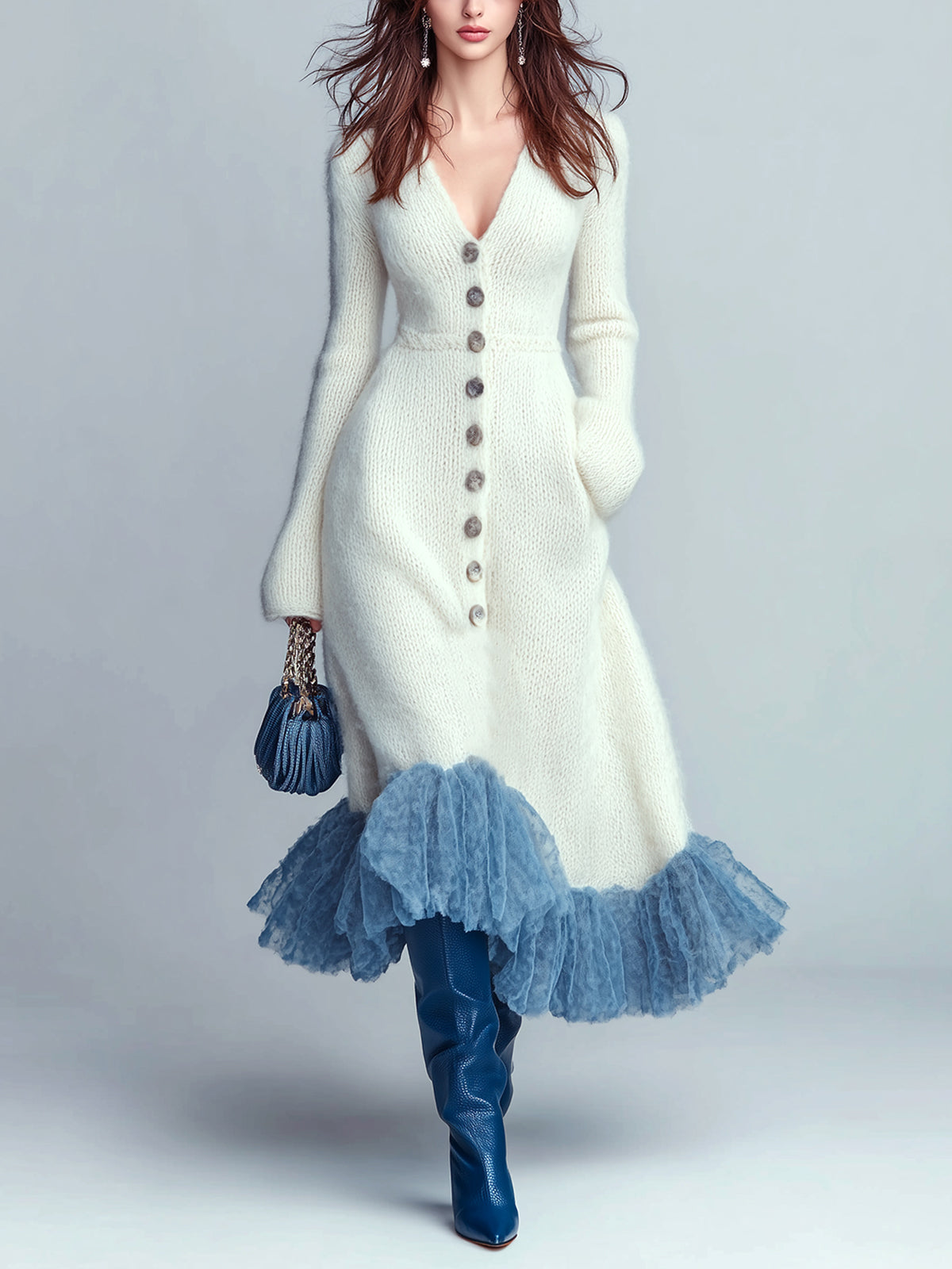 ElevenOra Chic Elegant Cream White V-Neck Button-Front Long Sleeve Slim Fit Contrast Mesh Hem Knit Maxi Dress