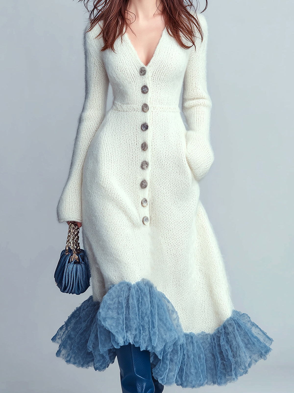 ElevenOra Chic Elegant Cream White V-Neck Button-Front Long Sleeve Slim Fit Contrast Mesh Hem Knit Maxi Dress