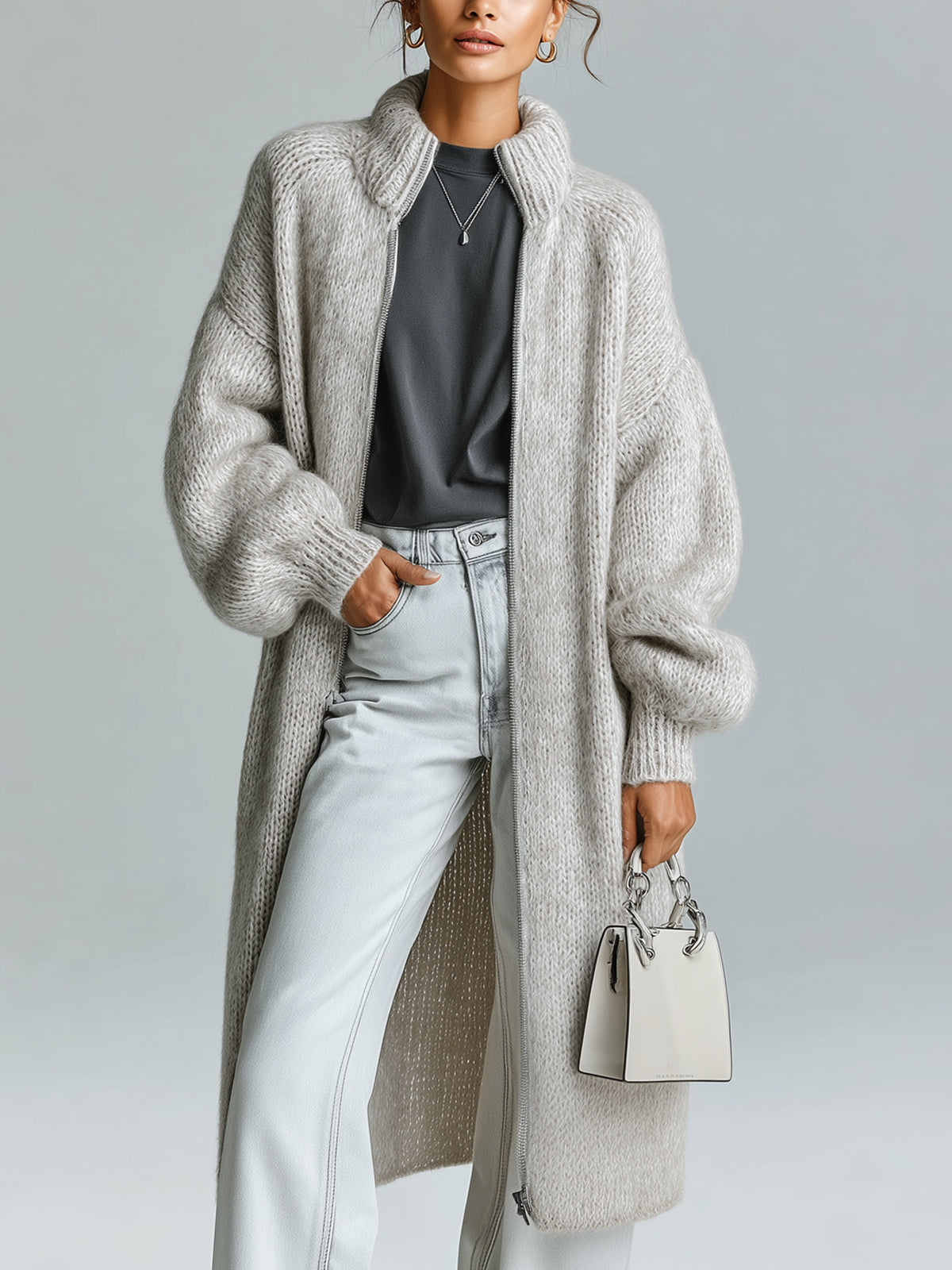 ElevenOra Chic Casual Light Gray Stand Collar Zip-Up Lantern Sleeve Maxi-Length Slouchy Knit Cardigan