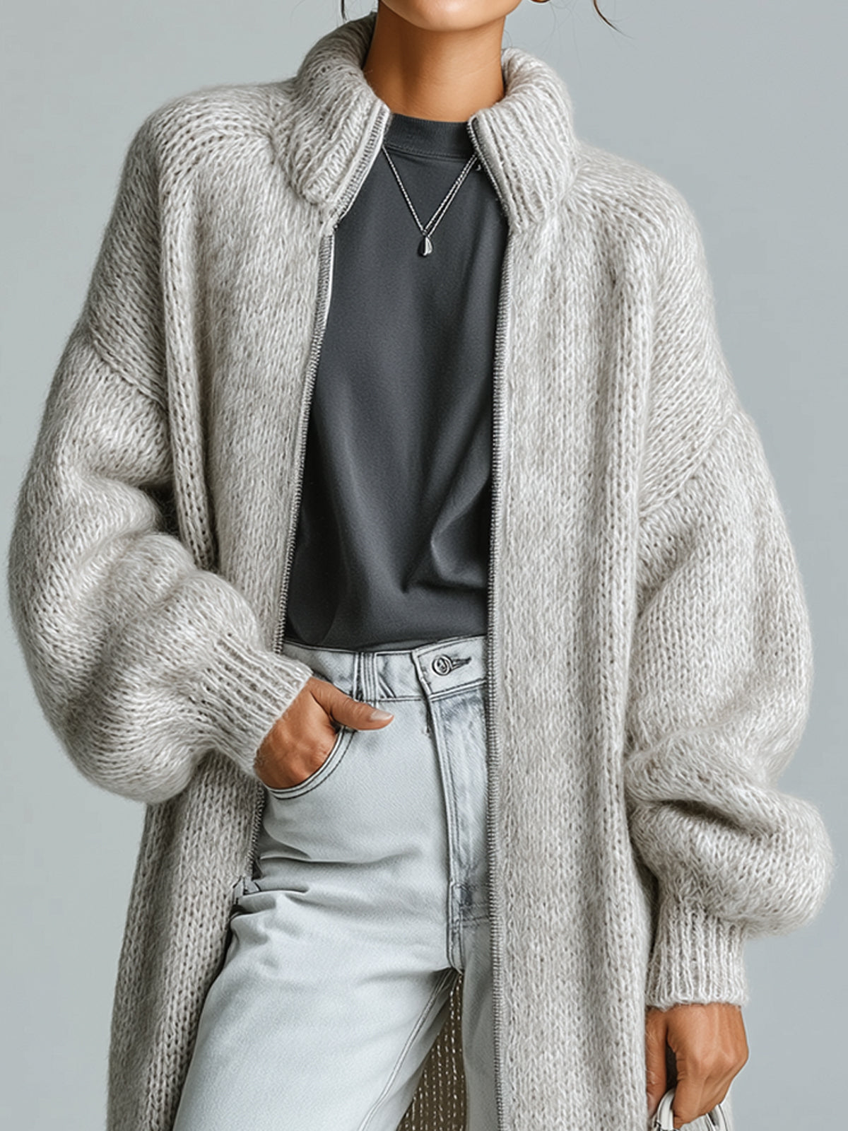 ElevenOra Chic Casual Light Gray Stand Collar Zip-Up Lantern Sleeve Maxi-Length Slouchy Knit Cardigan