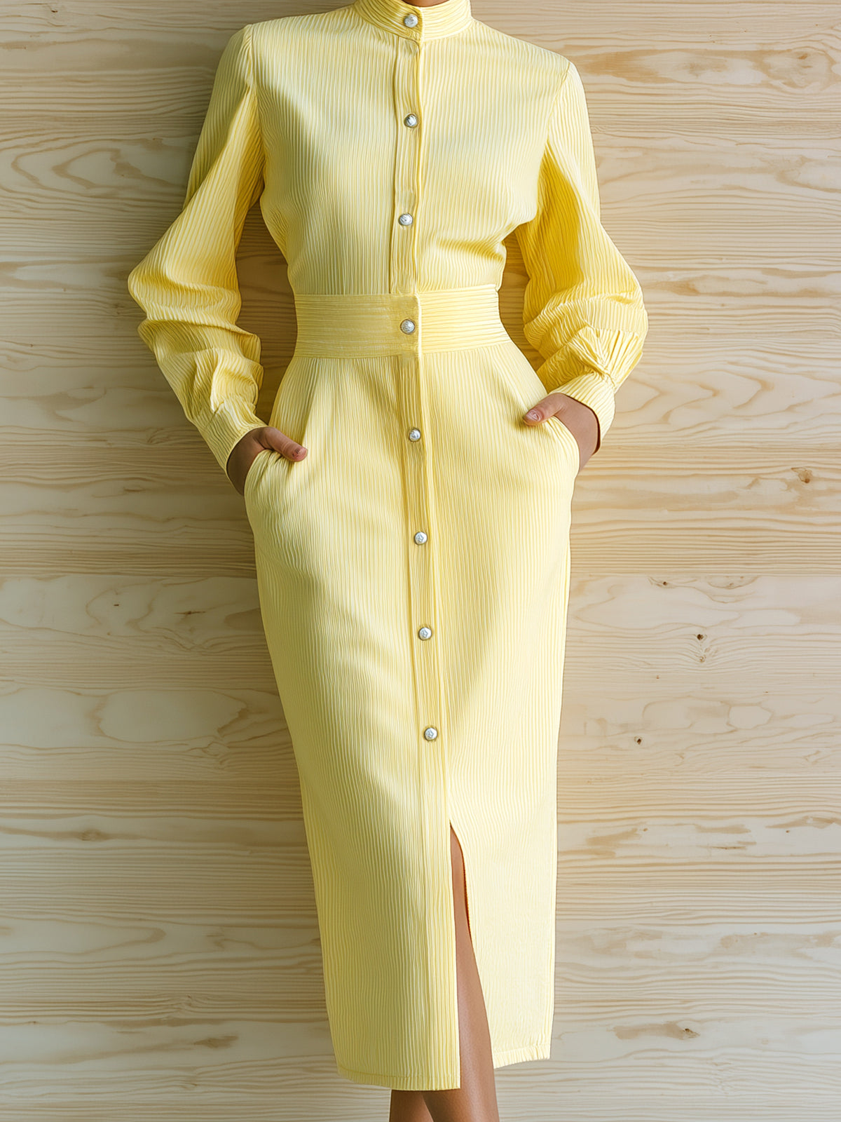ElevenOra Chic Casual Yellow Ribbed Cotton Blend Stand Collar Pearl-Button Long Sleeve Tailored Waist Midi Dress
