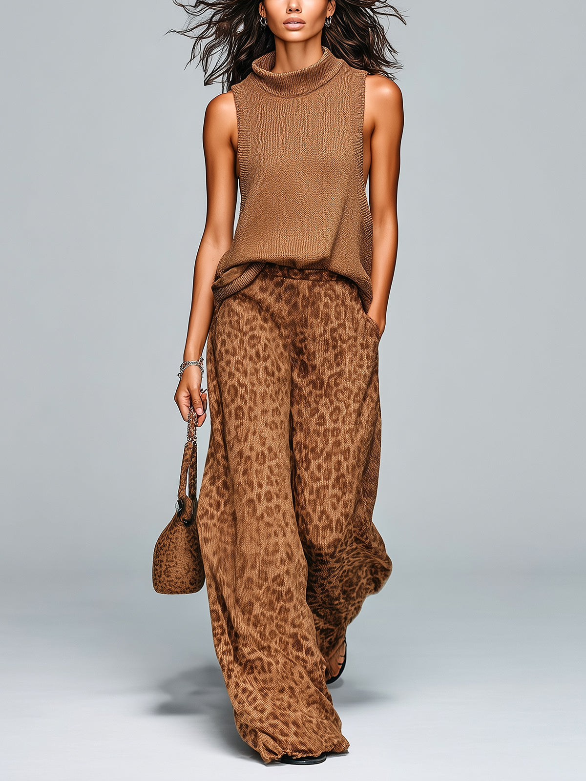 ElevenOra Chic Casual Brown Leopard Jacquard Mock Neck Sleeveless Loose-Fit Vest Wide-Leg Pants Knit Two-Piece Set
