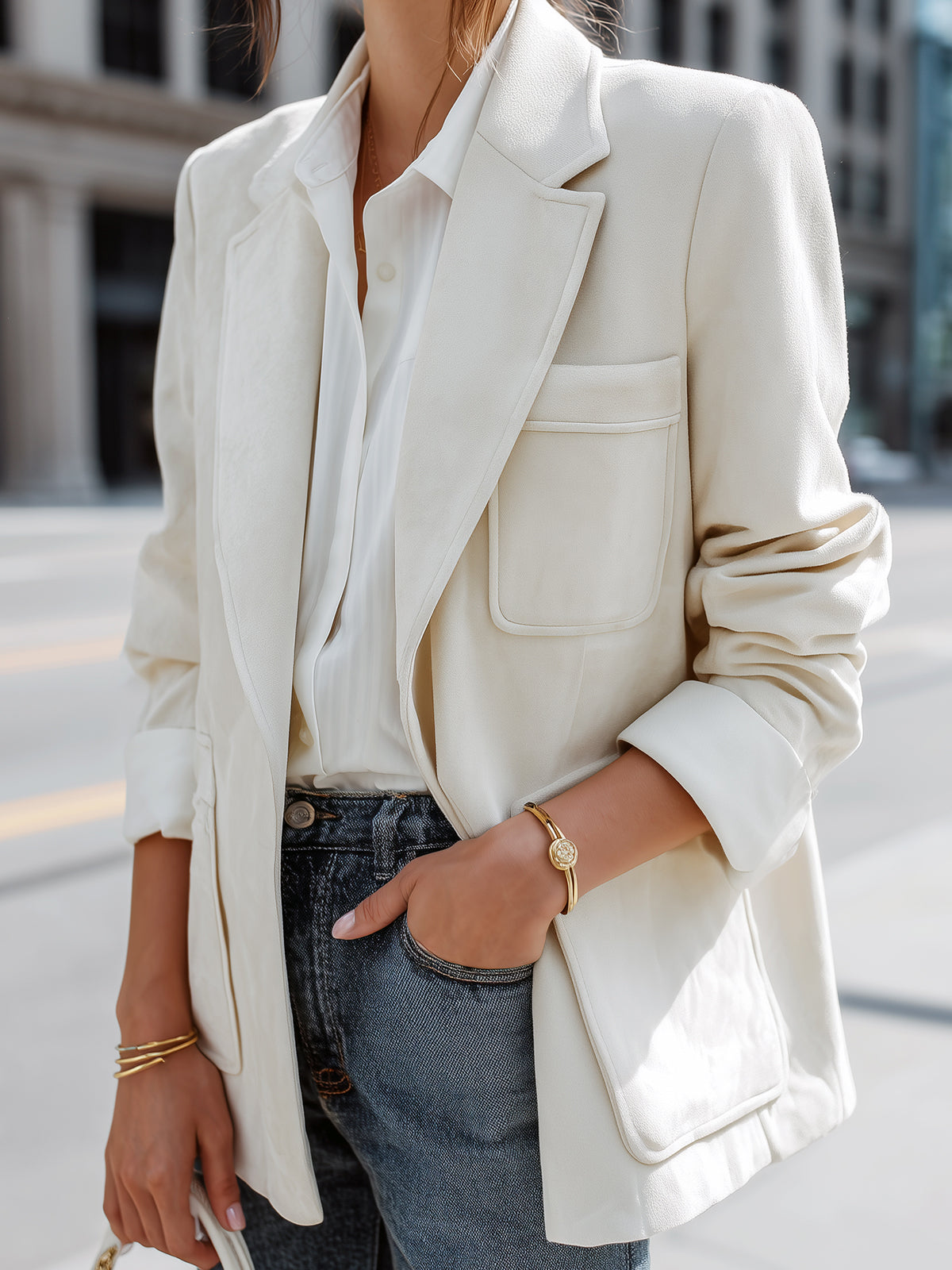 ElevenOra Casual Office Cream White Faux Suede Notch Lapel Single-Breasted Patch Pockets Oversized Blazer