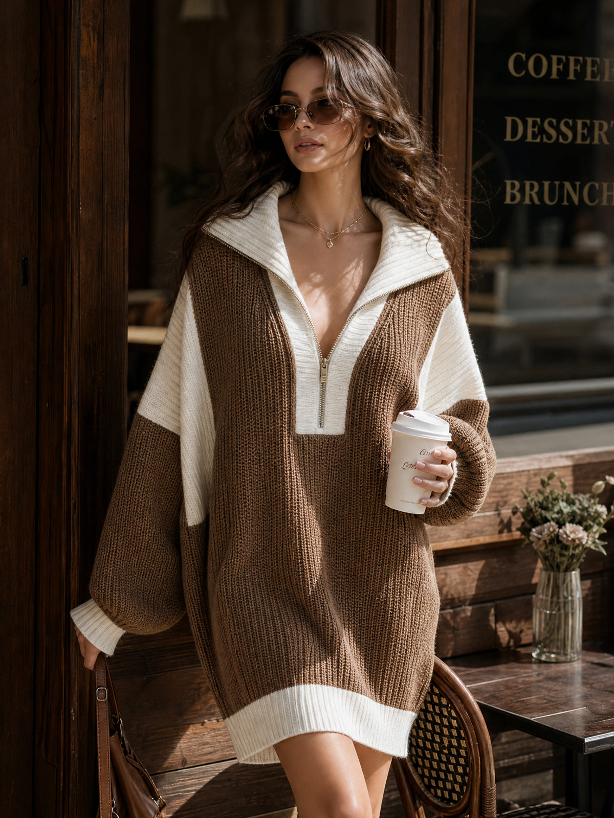 ElevenOra Chic Elegant Zip-Up Lapel Collar Oversized Long Sleeve Colorblock Knit Mini Dress