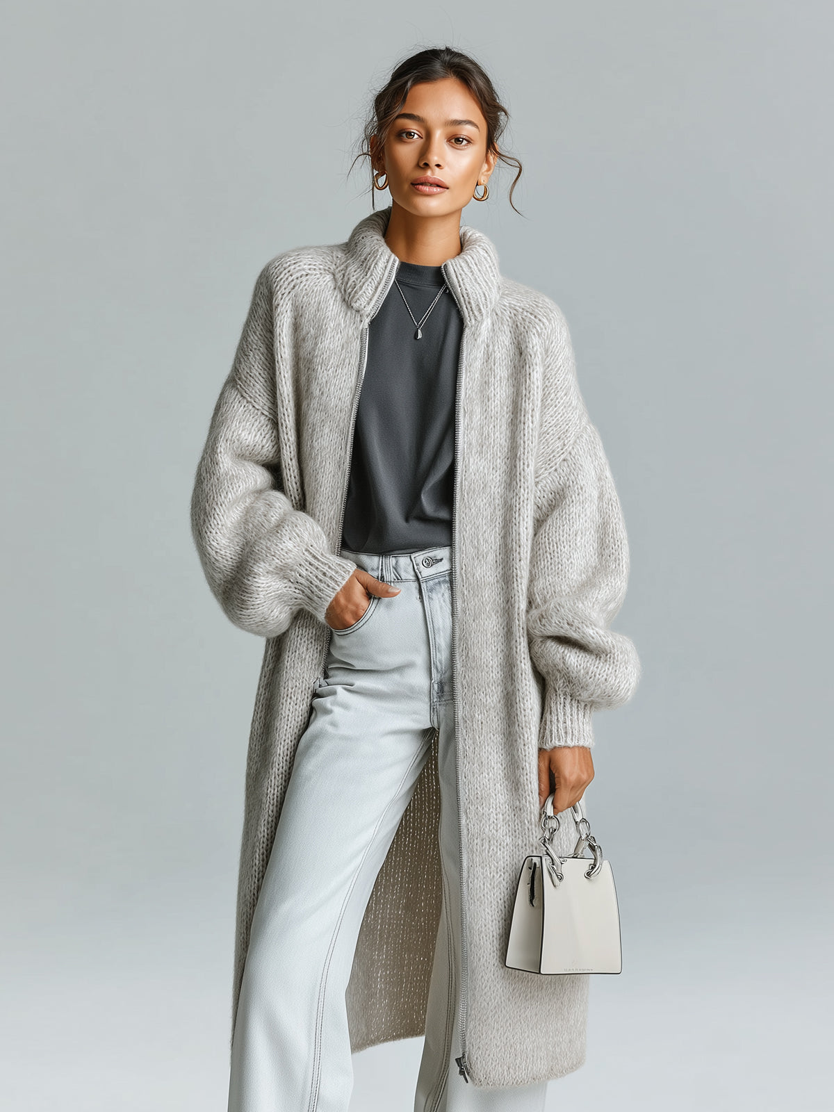 ElevenOra Chic Casual Light Gray Stand Collar Zip-Up Lantern Sleeve Maxi-Length Slouchy Knit Cardigan