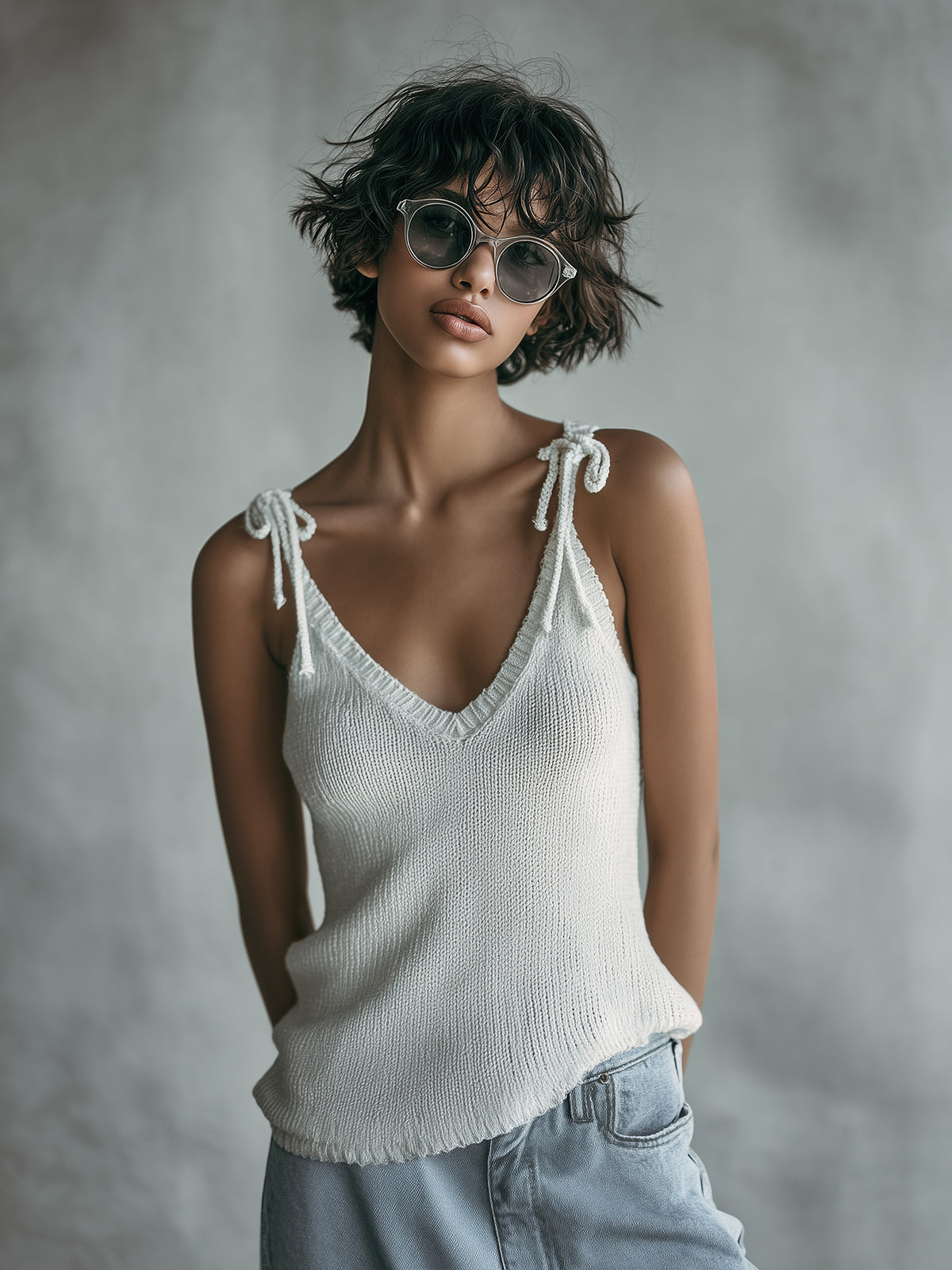 ElevenOra Chic Casual White Self-Tie Strap V-Neck Slim-Fit Knit Camisole