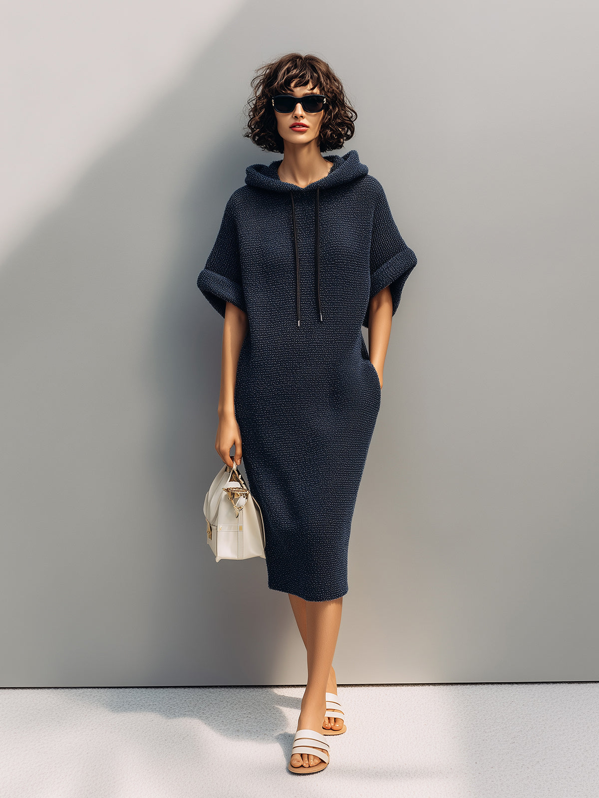 ElevenOra Chic Casual Navy Blue Hooded Short-Sleeve Loose-Fit Knit Midi Dress