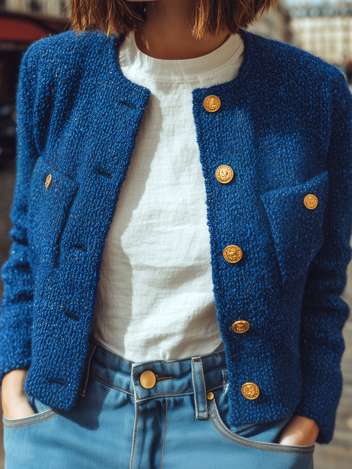 ElevenOra Chic Elegant Royal Blue Gold Button Patch Pocket Cropped Knit Cardigan