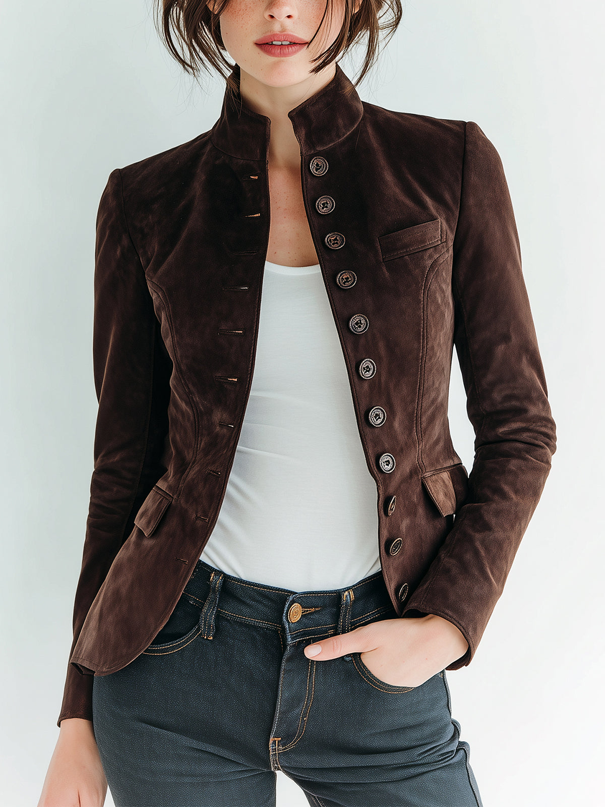 ElevenOra Chic Vintage Dark Brown Faux Suede Stand-Collar Single-Breasted Slim-Fit Cropped Jacket
