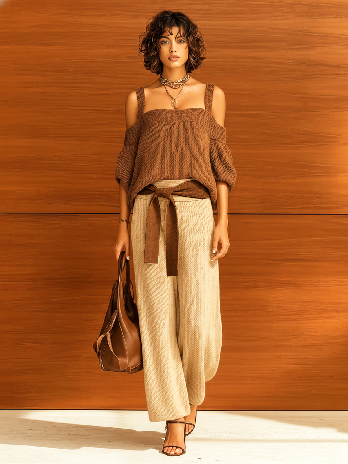 ElevenOra Chic Casual Brown Off-Shoulder Short-Sleeve Loose Sweater Waist Tie Wide-Leg Pants Knit Two-Piece Set