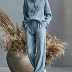ElevenOra Chic Casual Blue Collared Knit Cardigan Wide-Leg Pants Slouchy Ribbed Knit Two-Piece Set