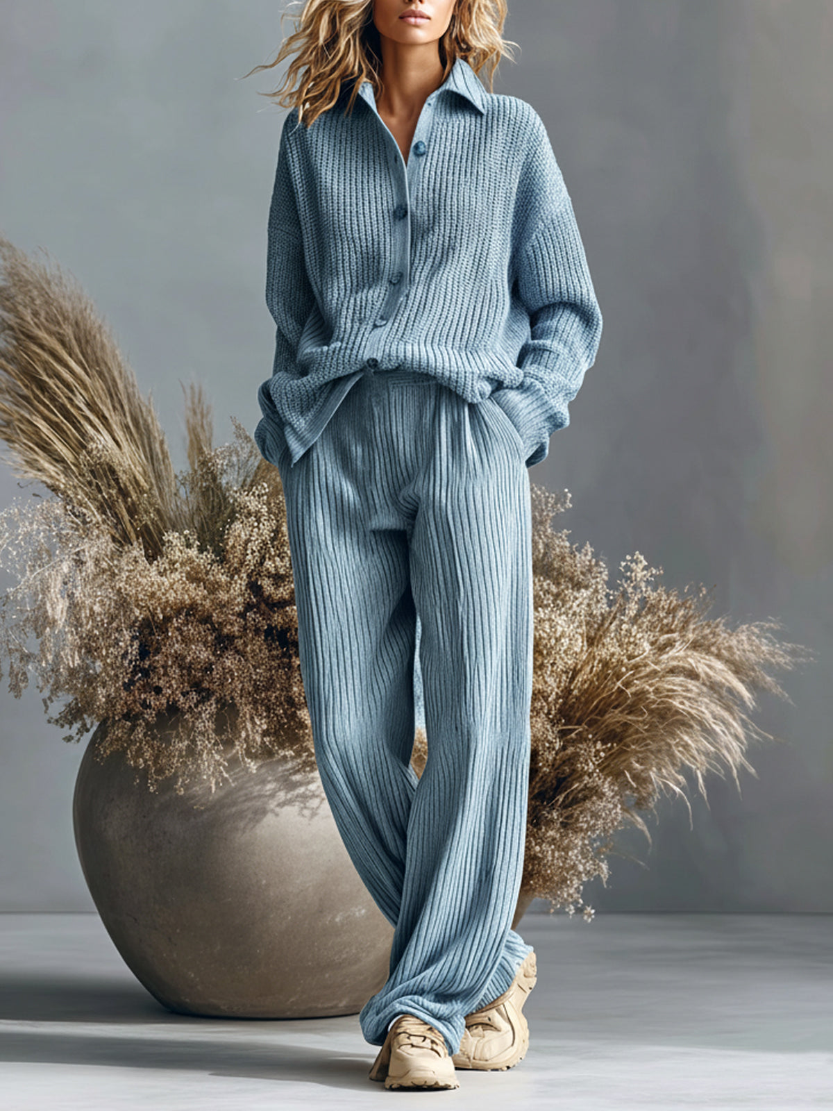ElevenOra Chic Casual Blue Collared Knit Cardigan Wide-Leg Pants Slouchy Ribbed Knit Two-Piece Set