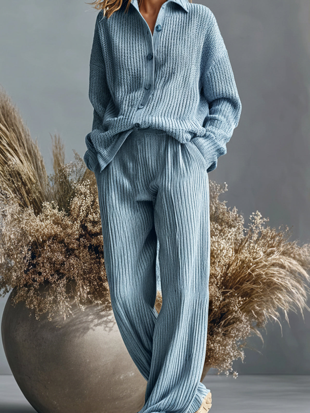ElevenOra Chic Casual Blue Collared Knit Cardigan Wide-Leg Pants Slouchy Ribbed Knit Two-Piece Set