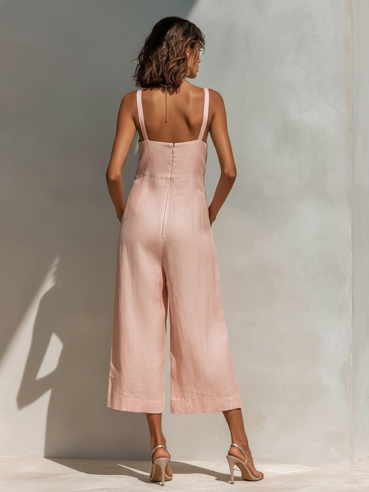 ElevenOra Chic Elegant Pink Cotton Linen Blend Thin Straps Sleeveless  Patch Pockets Loose-Fit Wide-Leg Cropped Jumpsuit