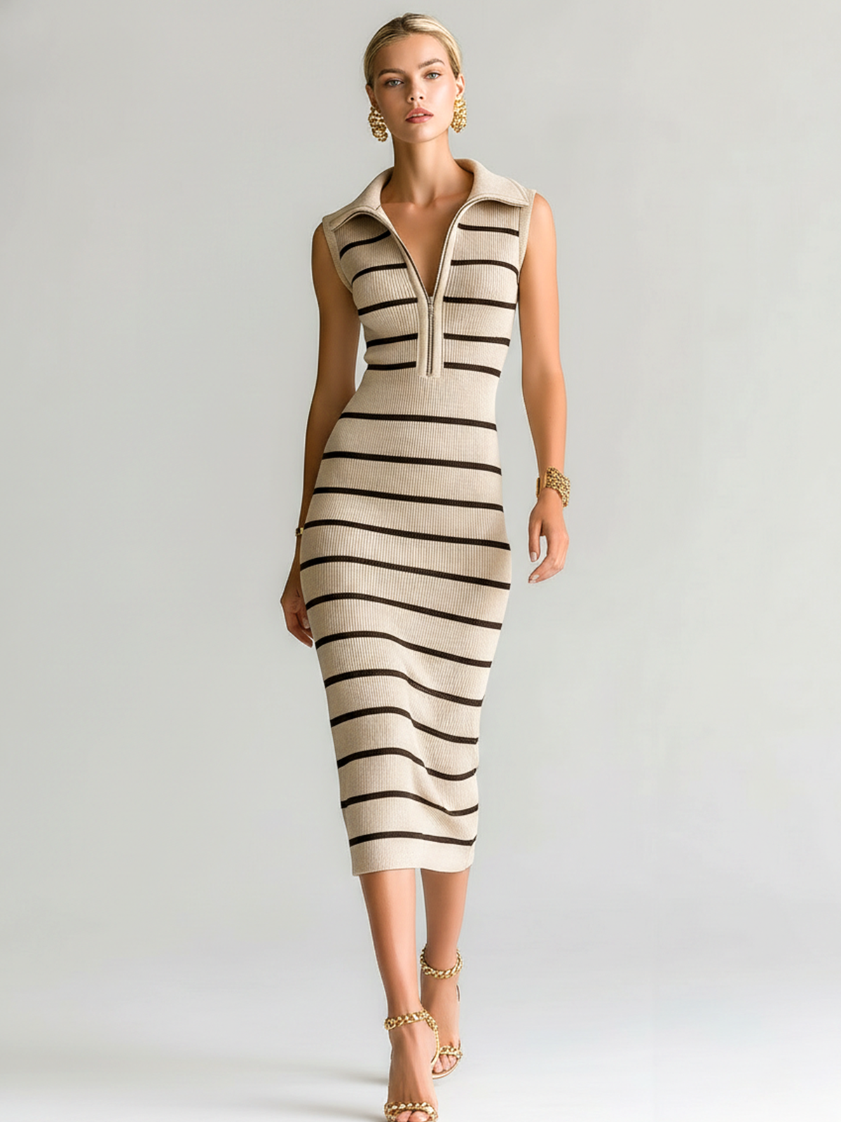 ElevenOra Stylish Elegant Beige Striped Lapel Collar Zipper-Front Sleeveless Slim-Fit Ribbed Knit Midi Dress