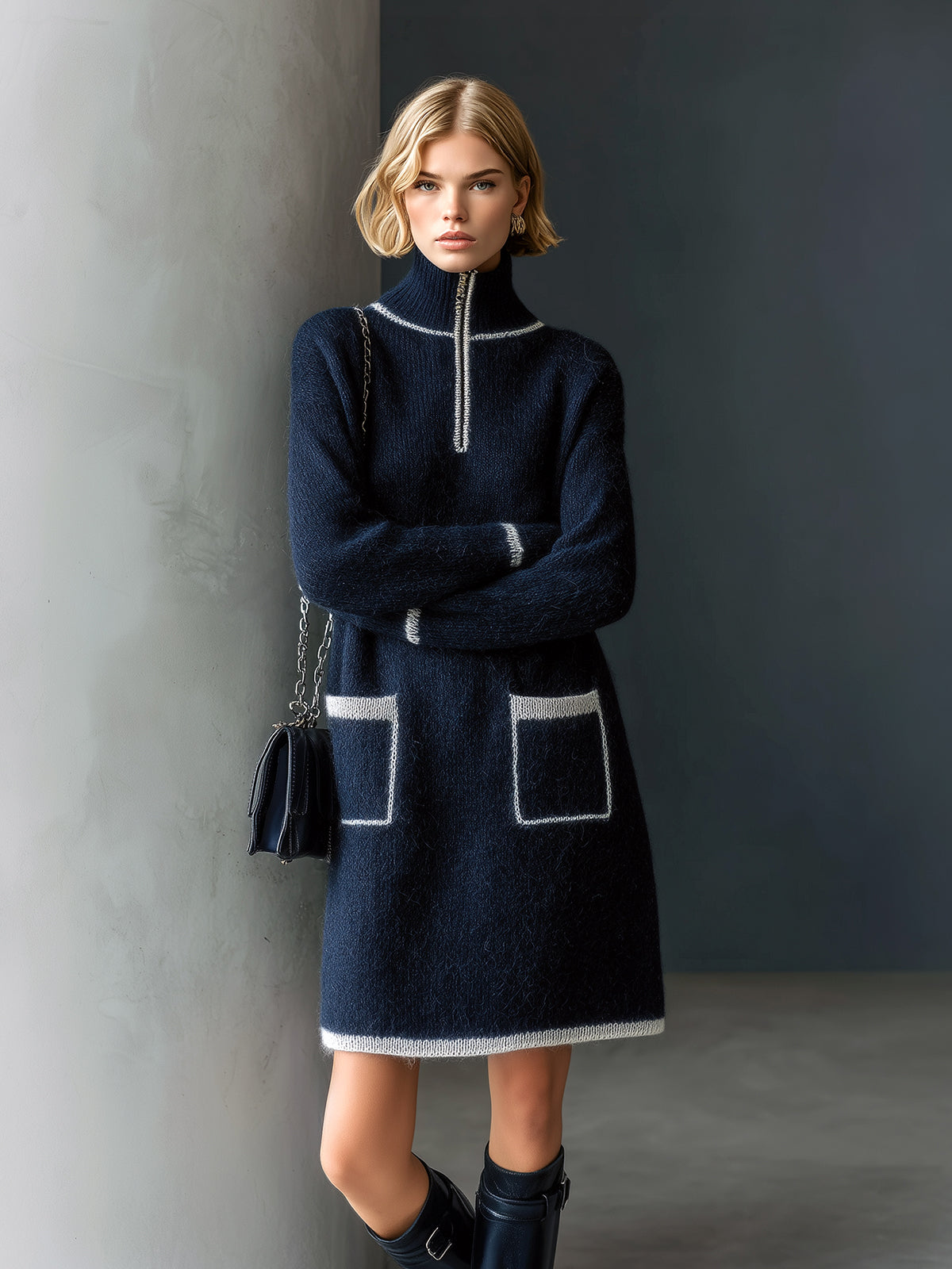 ElevenOra Chic Casual Navy Zipper Stand Collar Patch Pockets Long Sleeve Fuzzy Knit Mini Dress
