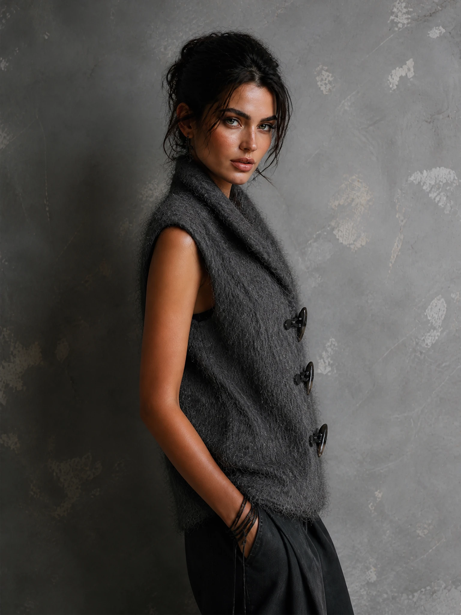 ElevenOra Chic Casual Dark Gray Lapel-Collar Sleeveless Horn Toggle Button Detail Loose-Fit Fuzzy Knit Vest Top