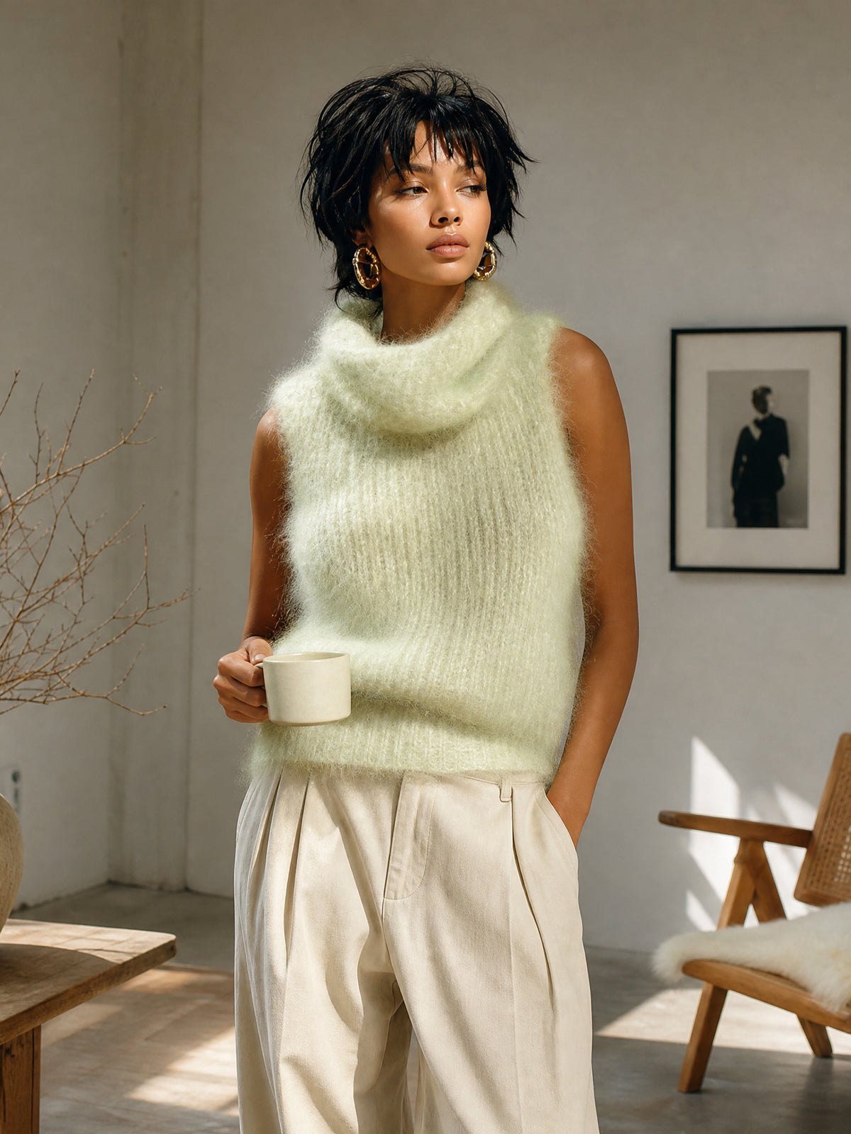 ElevenOra Chic Vintage Light Green Cowl Collar Sleeveless Fuzzy Ribbed Knit Tank Top