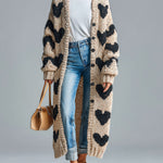 ElevenOra Chic Vintage Beige-Black Heart Jacquard Relaxed Fit Single-Breasted Long Sleeve Knit Long Cardigan