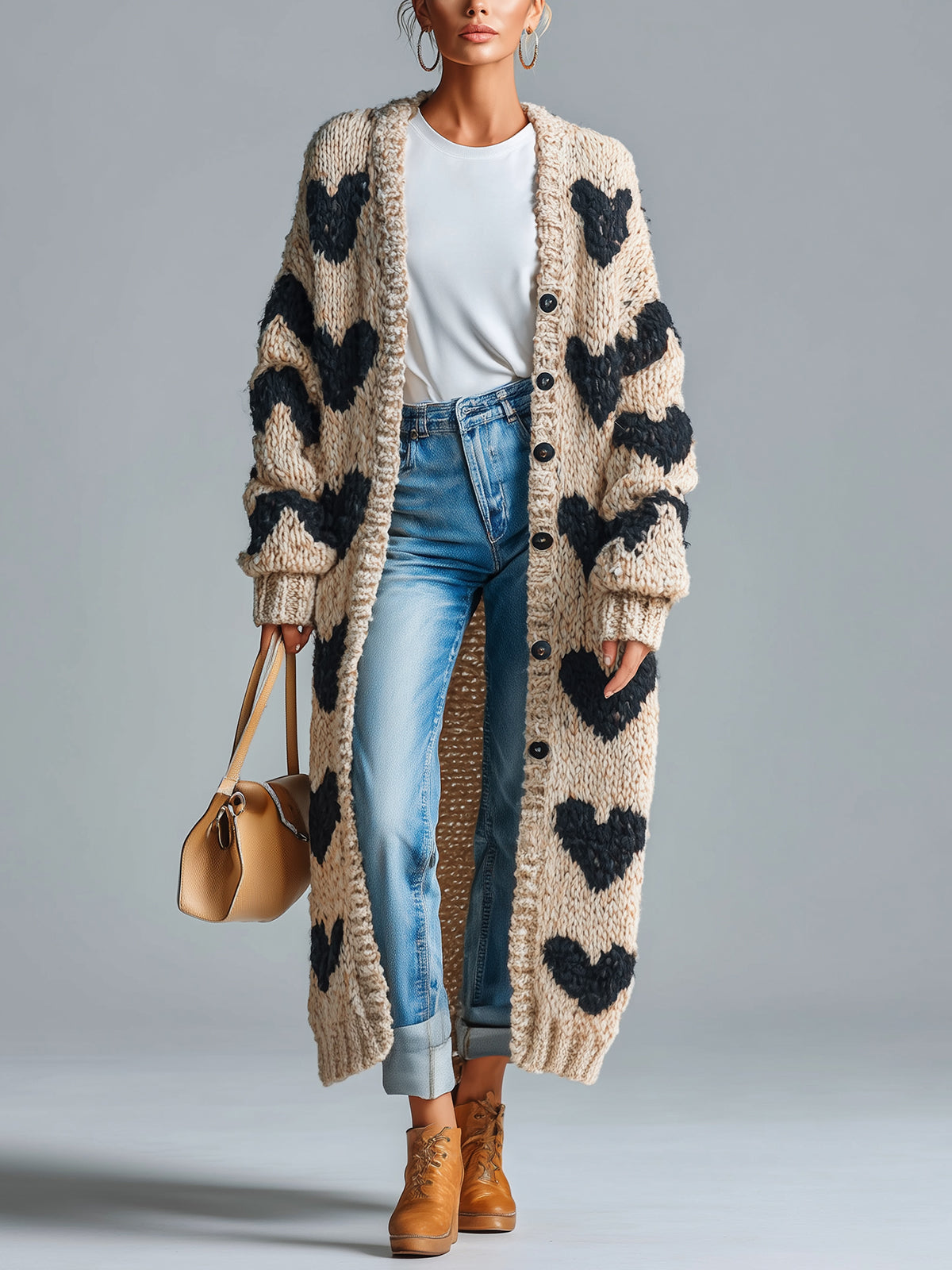 ElevenOra Chic Vintage Beige-Black Heart Jacquard Relaxed Fit Single-Breasted Long Sleeve Knit Long Cardigan