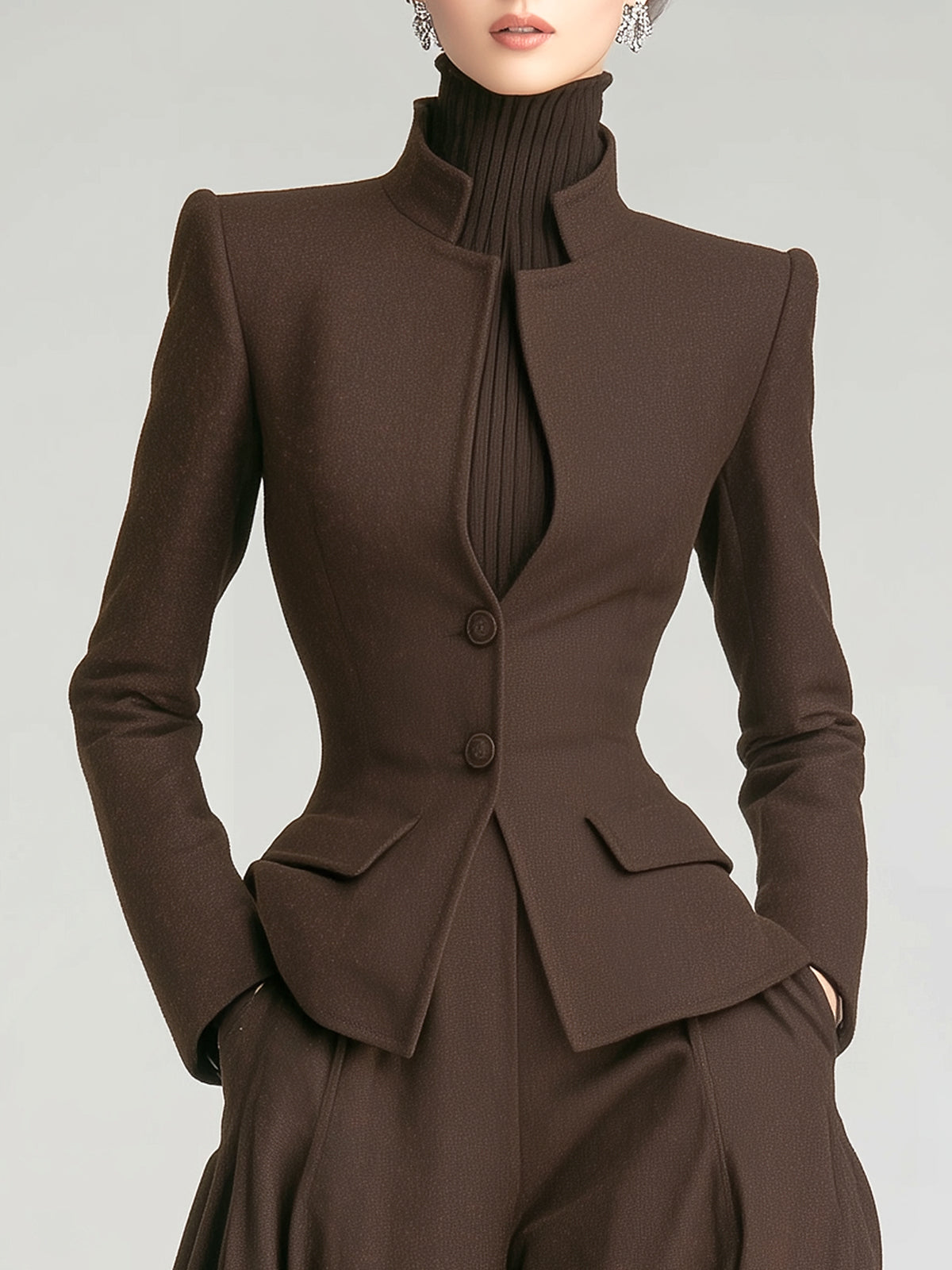 ElevenOra Vintage Elegant Coffee Wool Blend Stand Collar Single-Breasted Tailored Blazer