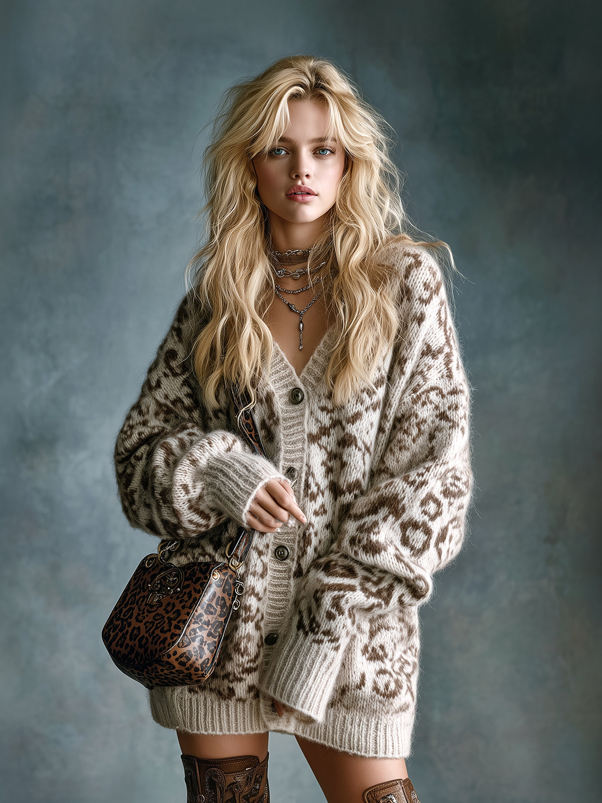 ElevenOra Casual Chic Leopard Jacquard V-neck Single-breasted Oversized Long-sleeved Mohair Knit Cardigan