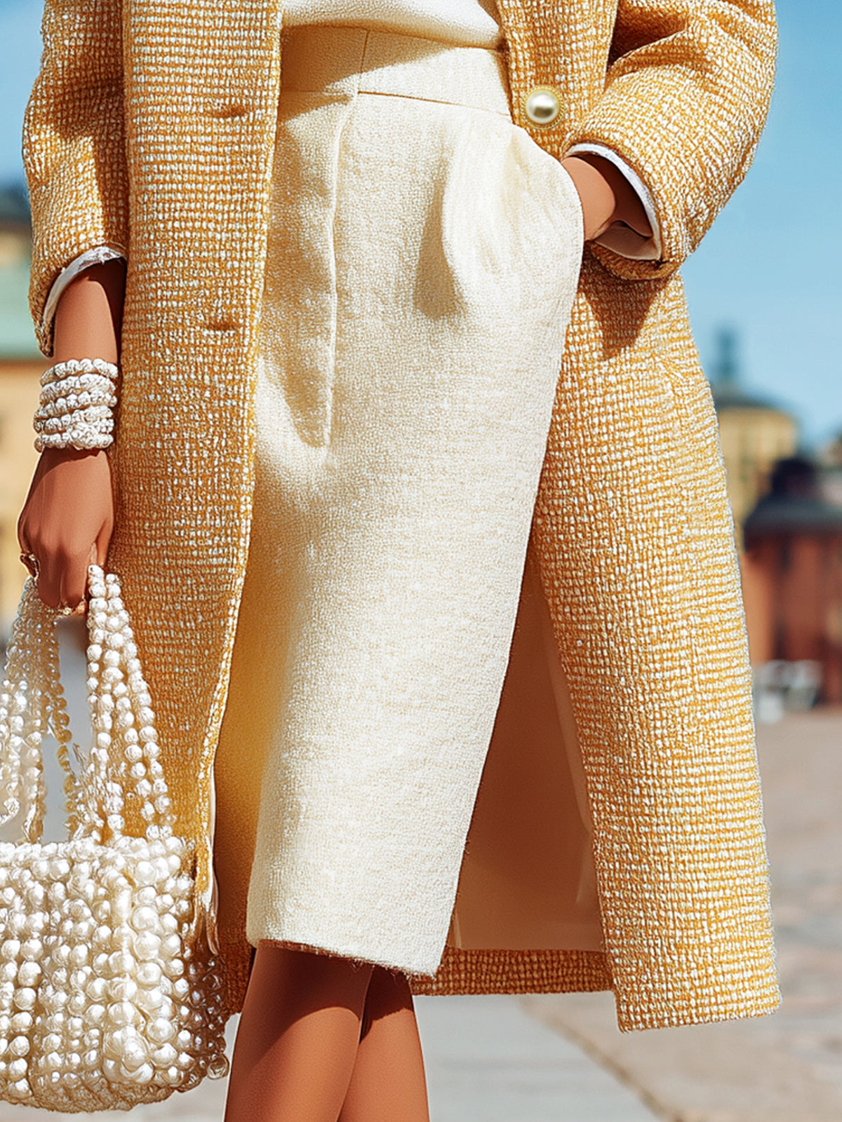 ElevenOra Vintage Elegant Yellow Tweed Single-Breasted Slim Mid-Length Coat