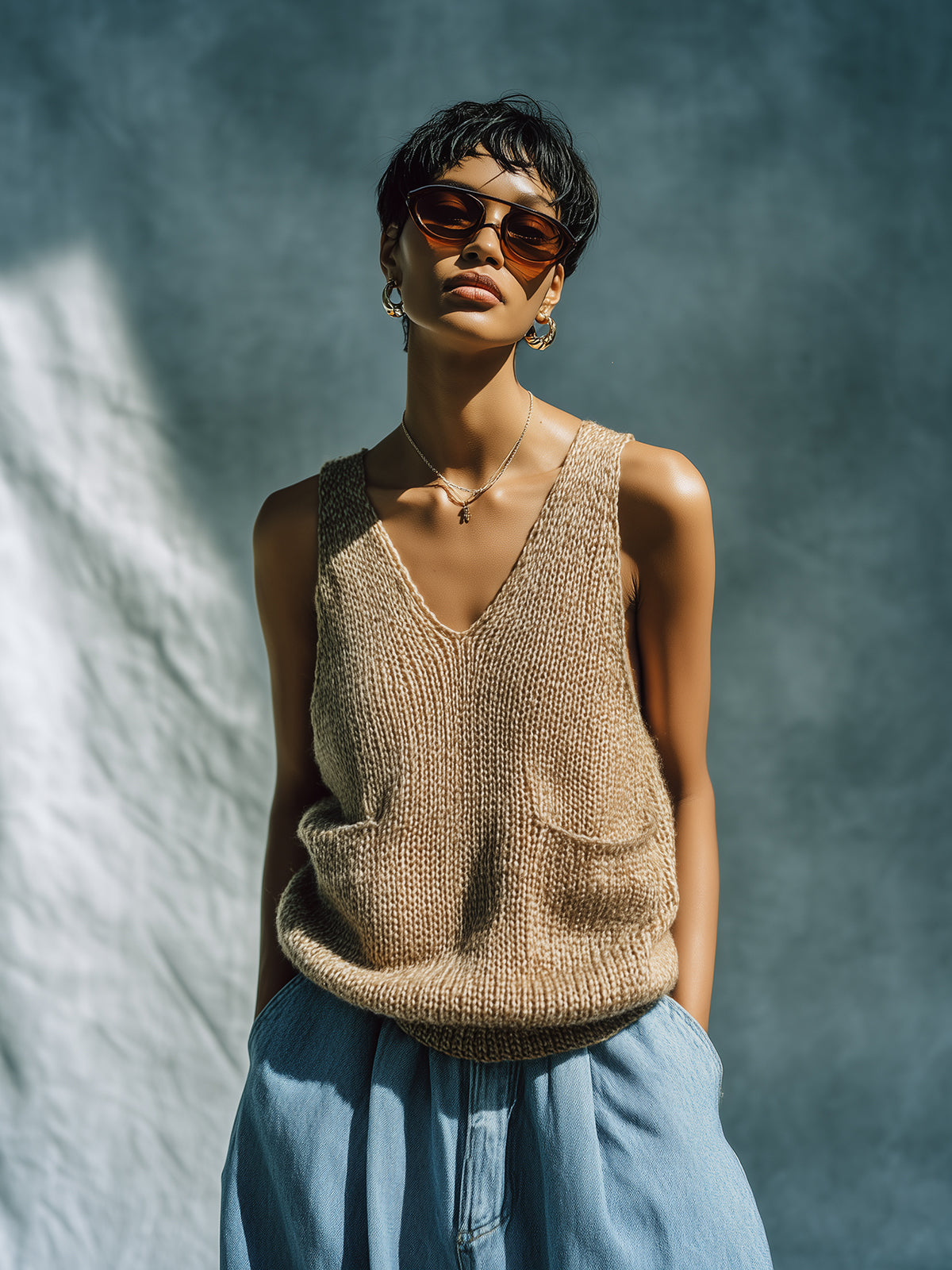 ElevenOra Chic Vintage Camel V-Neck Sleeveless Loose-Fit Patch Pocket Knit Tank Top