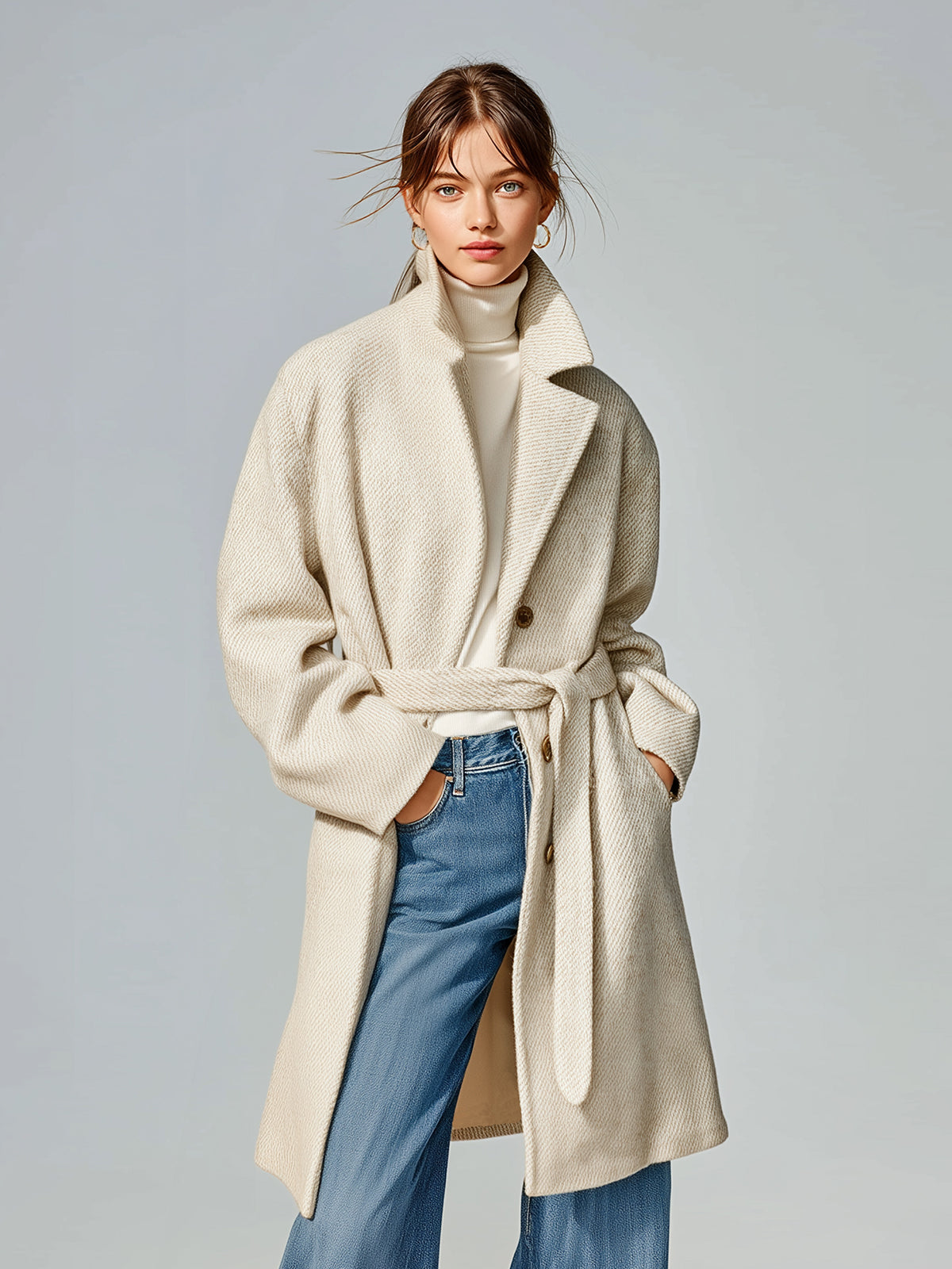 ElevenOra Chic Vintage Cream White Twill Wool Blend Notched Collar Single-Breasted Belted Oversized Mid-Length Coat