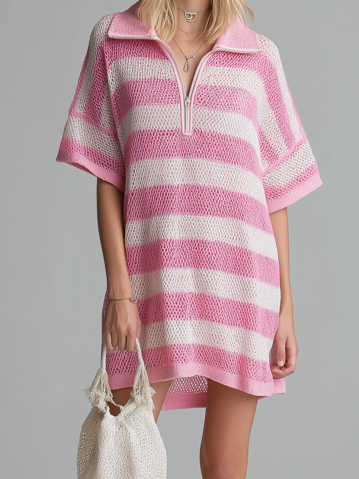 ElevenOra Chic Casual  Pink-White Striped Zipper-Up Lapel Short-Sleeve Loose Ribbed Knit Mini Dress