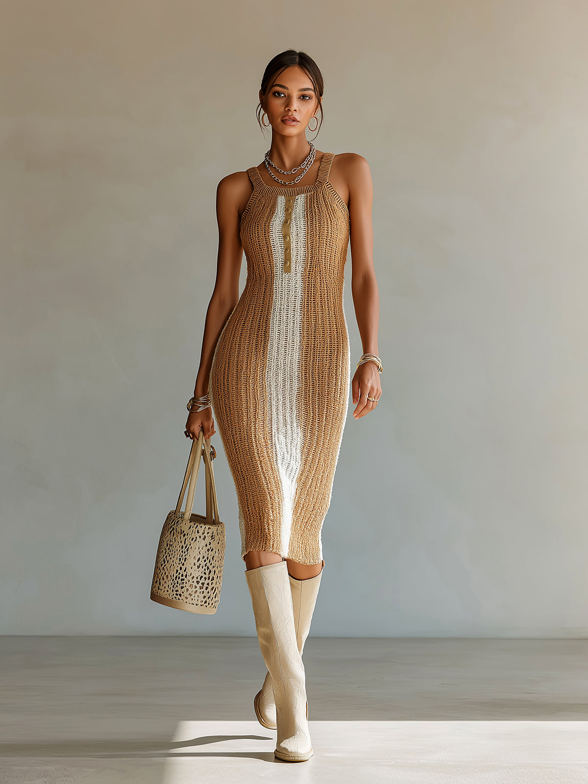 ElevenOra Chic Holiday Camel-Beige Vertical Stripe Camisole Slim-Fit Openwork Knit Midi Dress