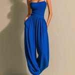 ElevenOra Chic Elegant Royal Blue Sleeveless Thin Straps Slim-Fit Camisole Loose Lantern Pants Knit Two-Piece Set